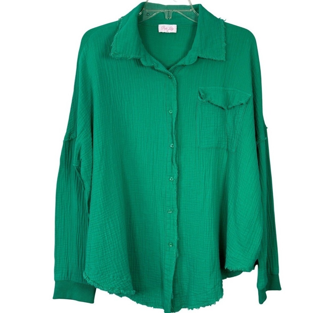 Pink Lily Green Cotton Gauze Frayed Button Down Shirt YMPL231501 Large